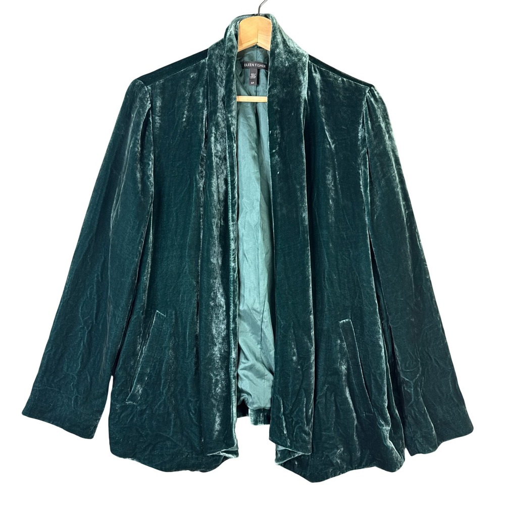 Eileen Fisher Silk Rayon Velvet Open Front Shawl Collar Blazer Jacket Teal S/P
